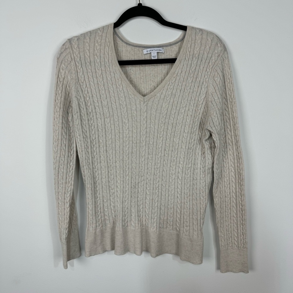41 Hawthorn Cream Ivory Cable Knit V neck Long Sleeve Sweater Top Neutral Boho